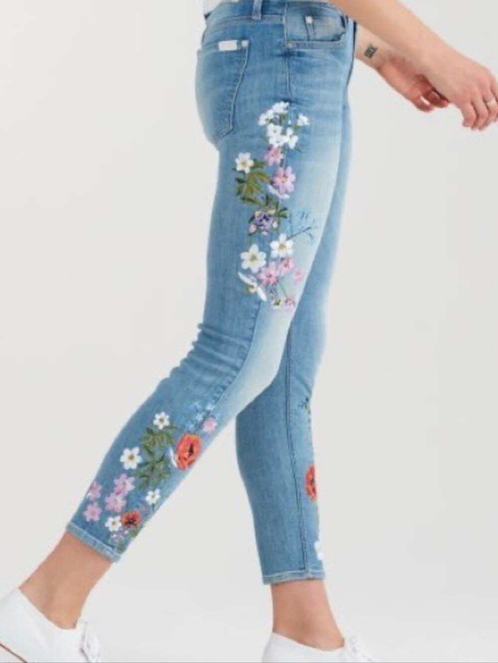7 For All Mankind Floral Embroidered Skinny Jeans Light Riviera Womens Size 26
